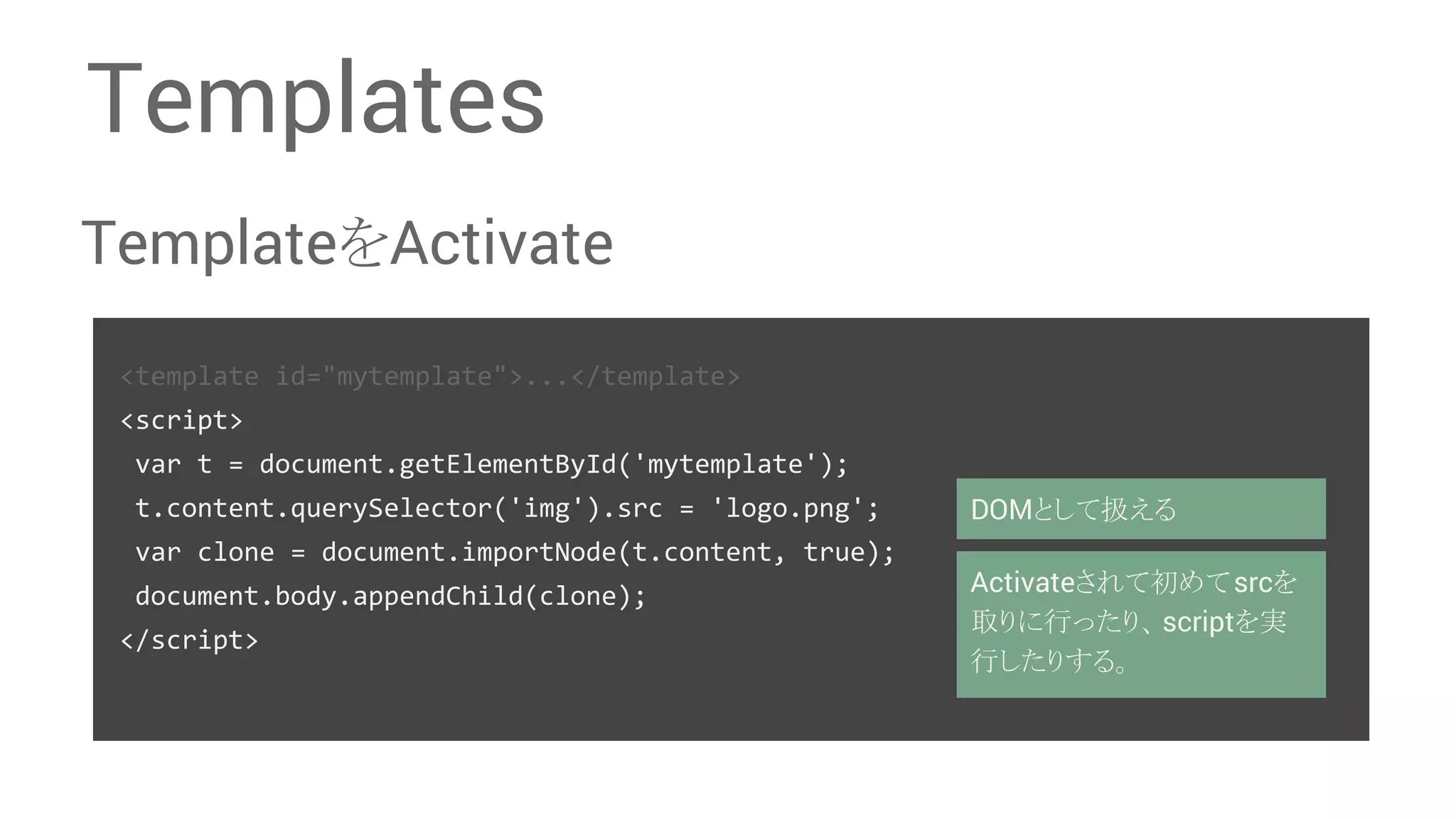 Templates Template䜢Activate <template id="mytemplate">...</template> <script> var t = document.getElementById('mytemplate'); t.content.querySelector('img').src = 'logo.png'; var clone = document.importNode(t.content, true); document.body.appendChild(clone); </script> DOM䛸䛧䛶ᢅ䛘䜛 Activate䛥䜜䛶ึ䜑䛶src䜢 ྲྀ䜚䛻⾜䛳䛯䜚䚸 script䜢ᐇ ⾜䛧䛯䜚䛩䜛䚹 