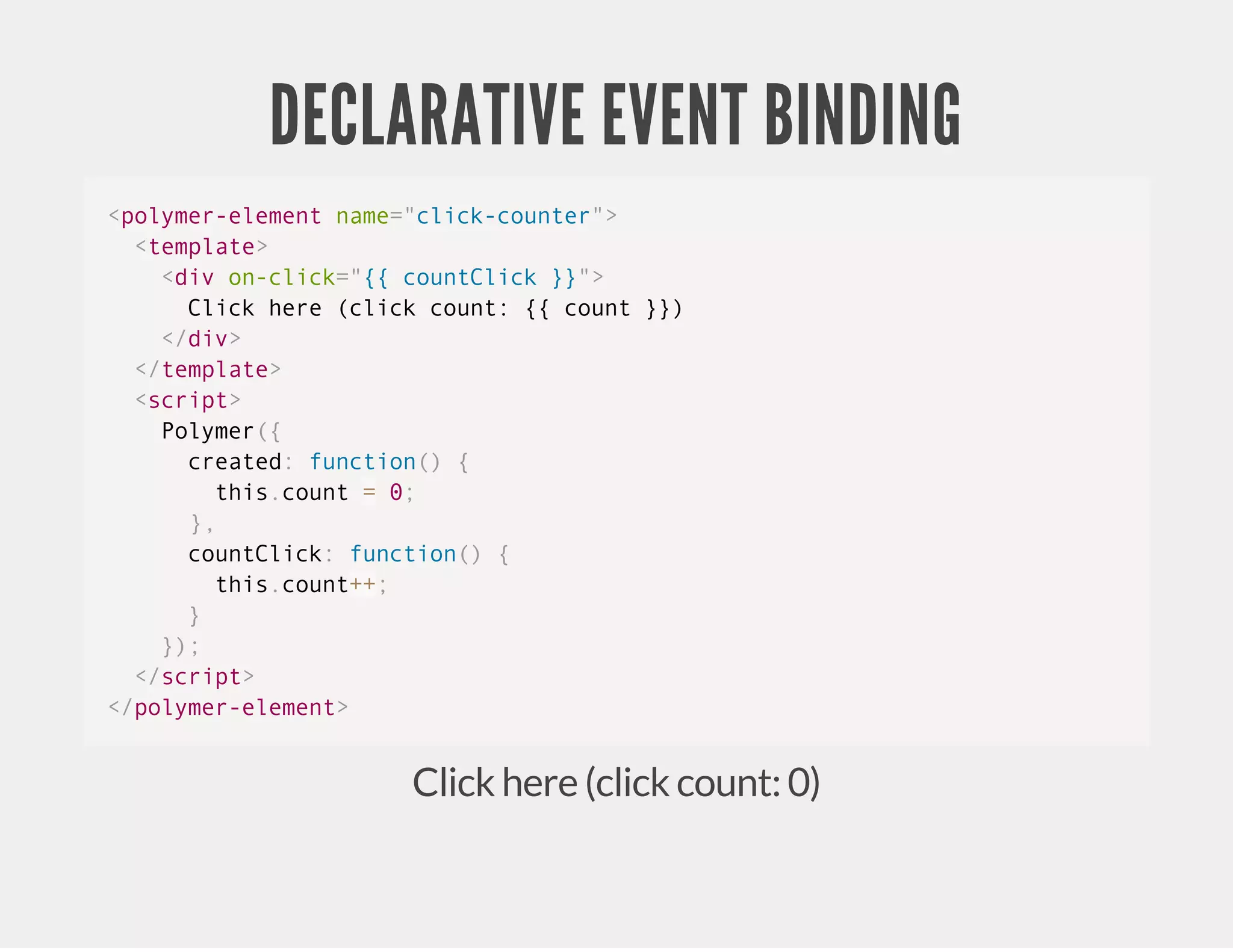 DECLARATIVE EVENT BINDING <polymer-element name="click-counter"> <template> <div on-click="{{ countClick }}"> Click here (click count: {{ count }}) </div> </template> <script> Polymer({ created: function() { this.count = 0; }, countClick: function() { this.count++; } }); </script> </polymer-element> Click here (click count: 0) 