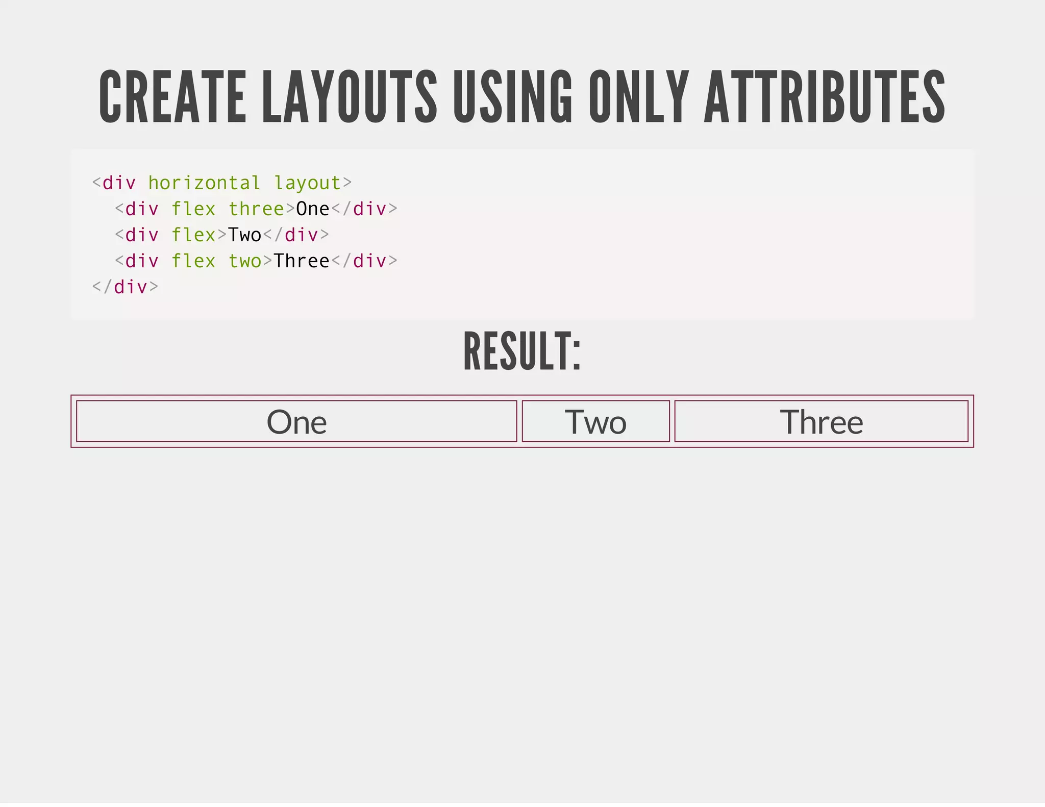 CREATE LAYOUTS USING ONLY ATTRIBUTES <div horizontal layout> <div flex three>One</div> <div flex>Two</div> <div flex two>Three</div> </div> RESULT: One Two Three 
