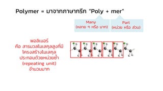 พอลิเมอร์
คือ สารมวลโมเลกุลสูงที่มี
โครงสร้างโมเลกุล
ประกอบด้วยหน่วยซ้า
(repeating unit)
จานวนมาก
Polymer = มาจากภาษากรีก “Poly + mer”
Many
(หลาย ๆ หรือ มาก)
Part
(หน่วย หรือ ส่วน)
 