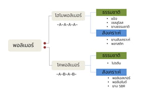 พอลิเมอร์
โฮโมพอลิเมอร์
โคพอลิเมอร์
ธรรมชาติ
สังเคราะห์
ธรรมชาติ
สังเคราะห์
• แป้ง
• เซลลูโลส
• ยางธรรมชาติ
• ยางสังเคราะห์
• พลาสติก
• โปรตีน
• พอลิเอสเทอร์
• พอลีเอไมด์
• ยาง SBR
-A-A-A-A-
-A-B-A-B-
 