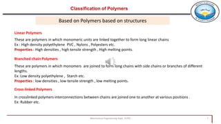 Mechanical Engineering Dept. HITEC 7
Based on Polymers based on structures
Linear Polymers
These are polymers in which monomeric units are linked together to form long linear chains
Ex : High density polyethylene PVC , Nylons , Polyesters etc.
Properties : High densities , high tensile strength , High melting points.
Branched chain Polymers
These are polymers in which monomers are joined to form long chains with side chains or branches of different
lengths.
Ex: Low density polyethylene , Starch etc.
Properties : low densities , low tensile strength , low melting points.
Cross-linked Polymers
In crosslinked polymers interconnections between chains are joined one to another at various positions .
Ex: Rubber etc.
Classification of Polymers
 