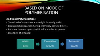 BASED ON MODE OF
POLYMERISATION
Additional Polymerization :
• Same kind of monomers are straight forwardly added.
• It is rapid chain reaction having chemically activated mers .
• Each reaction sets up to condition for another to proceed .
• It consists of 3 stages :
Initiaion
(Birth)
Propagation
(Growth)
Termination
(Death)
 