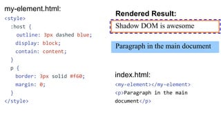 my-element.html:
<template>
<style>
...
::slotted(ul) {
margin: 0;
}
</style>
<p>Shadow DOM is awesome</p>
<slot></slot>
<...