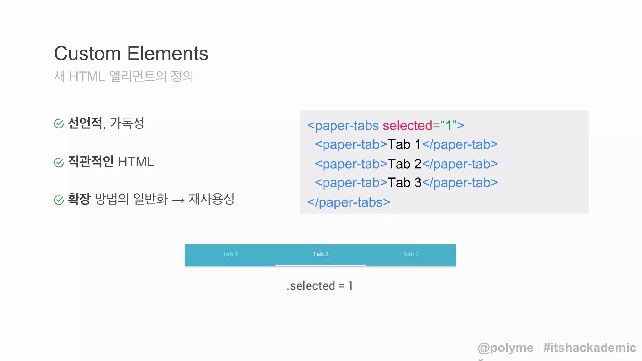 <paper-tabs selected=“1”> 
<paper-tab>Tab 1</paper-tab> 
<paper-tab>Tab 2</paper-tab> 
<paper-tab>Tab 3</paper-tab> 
</paper-tabs> 
Custom Elements 
새 HTML 엘리먼트의 정의 
선언적, 가독성 
직관적인 HTML 
확장 방법의 일반화 → 재사용성 
@polyme 
r 
#itshackademic 
 