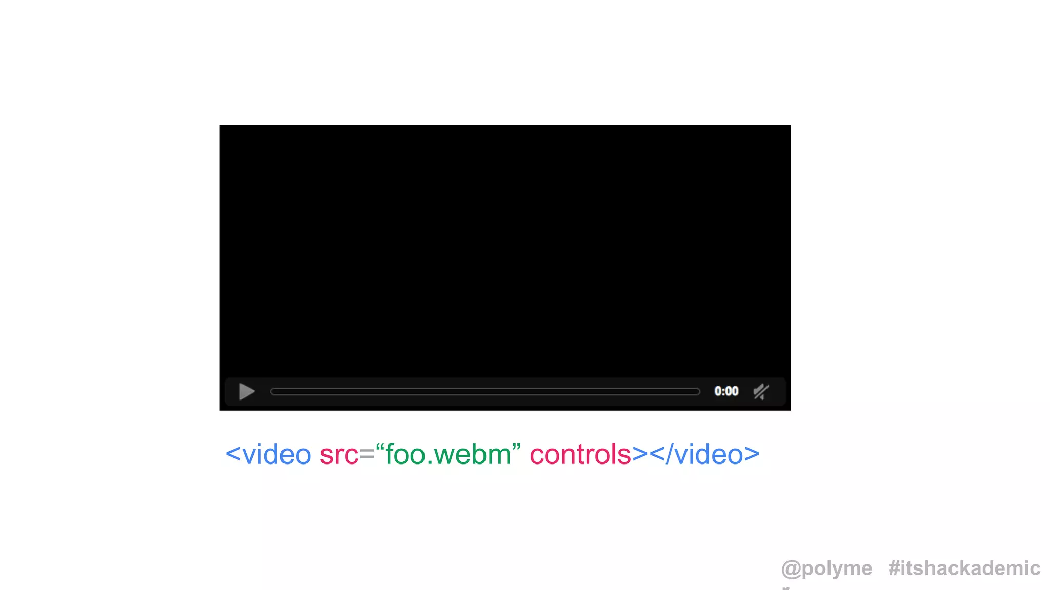 <video src=“foo.webm” controls></video> 
@polyme 
r 
#itshackademic 
 
