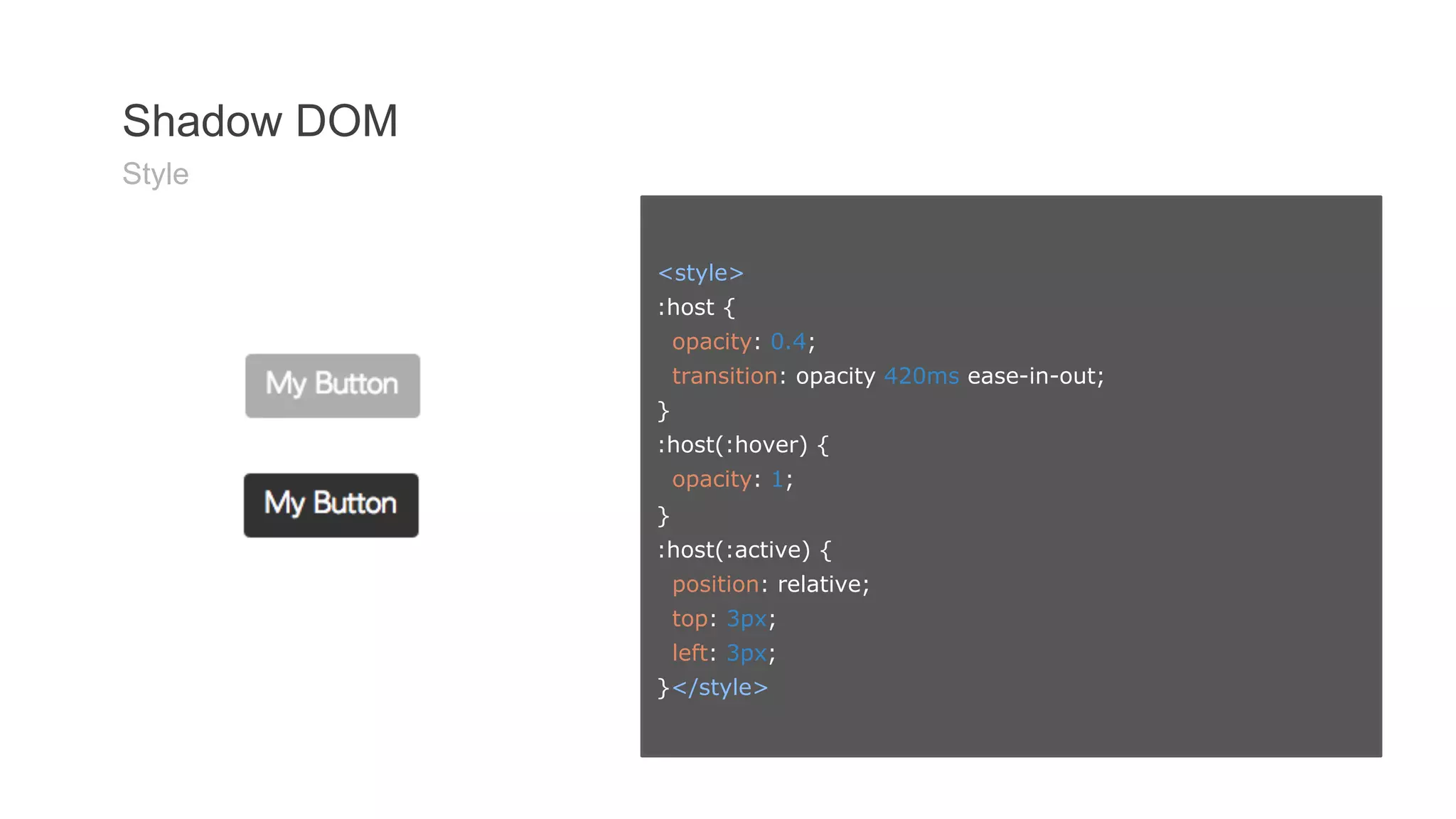 <style> 
:host { 
opacity: 0.4; 
transition: opacity 420ms ease-in-out; 
} 
:host(:hover) { 
opacity: 1; 
} 
:host(:active) { 
position: relative; 
top: 3px; 
left: 3px; 
}</style> 
Shadow DOM 
Style 
 