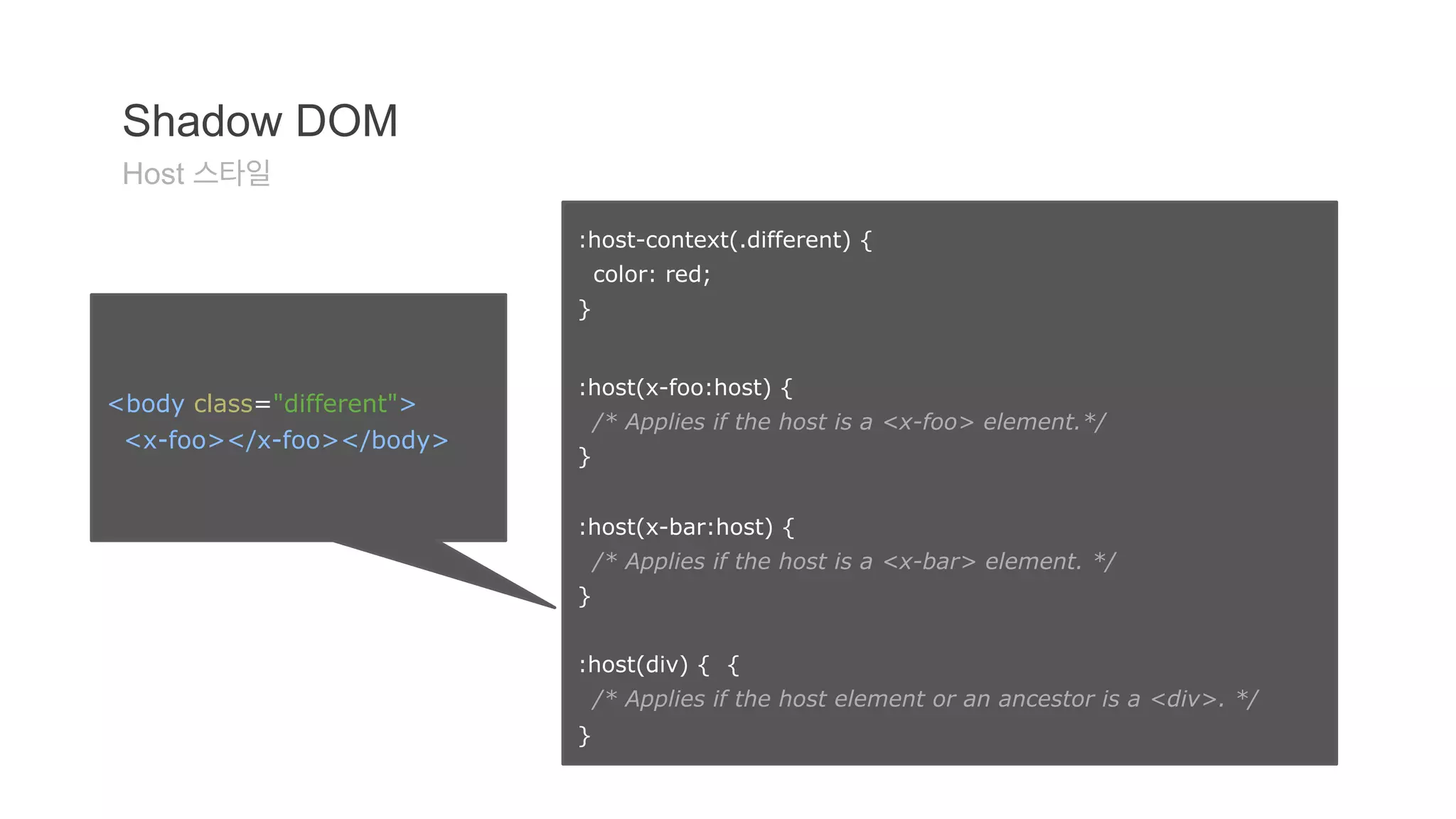 Shadow DOM 201 
:host-context(.different) { 
color: red; 
} 
:host(x-foo:host) { 
/* Applies if the host is a <x-foo> element.*/ 
} 
:host(x-bar:host) { 
/* Applies if the host is a <x-bar> element. */ 
} 
:host(div) { { 
/* Applies if the host element or an ancestor is a <div>. */ 
} 
Shadow DOM 
Host 스타일 
<body class="different"> 
<x-foo></x-foo></body> 
 
