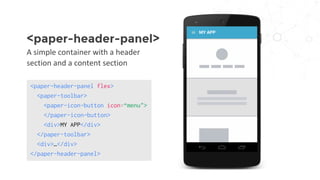 A simple container with a header
section and a content section
<paper-header-panel>
<paper-header-panel flex>
<paper-toolbar>
<paper-icon-button icon=“menu">
</paper-icon-button>
<div>MY APP</div>
</paper-toolbar>
<div>…</div>
</paper-header-panel>
MY APP
 