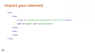 Import your element
<html>
<head>
<script src="webcomponents/webcomponents-lite.min.js"></script>
<link rel="import" href="paper-card.html">
</head>
<body>
</body>
</html>
 