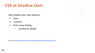 with shadow dom, new selectors
● :host
● ::content
● Cross scope Styling
○ ::shadow et /deep/
source :http://www.html5rocks.com/en/tutorials/webcomponents/shadowdom-201/
CSS et Shadow Dom
 