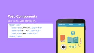 <paper-tabs>
<paper-tab>KNOWLEDGE</paper-tab>
<paper-tab>HISTORY</paper-tab>
<paper-tab>FOOD</paper-tab>
</paper-tabs>
Less Code. Less confusion.
Web Components
 