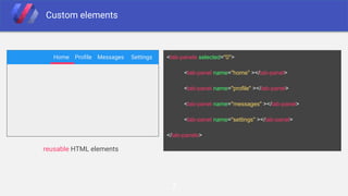7
Custom elements
Home Profile Messages Settings <tab-panels selected="0">
<tab-panel name="home" ></tab-panel>
<tab-panel name="profile" ></tab-panel>
<tab-panel name="messages" ></tab-panel>
<tab-panel name="settings" ></tab-panel>
</tab-panels>
Home Profile Messages Settings
... reusable HTML elements
 