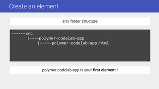 Create an element
------src
|----polymer-codelab-app
|-----polymer-codelab-app.html
src/ folder structure
polymer-codelab-app is your first element !
 