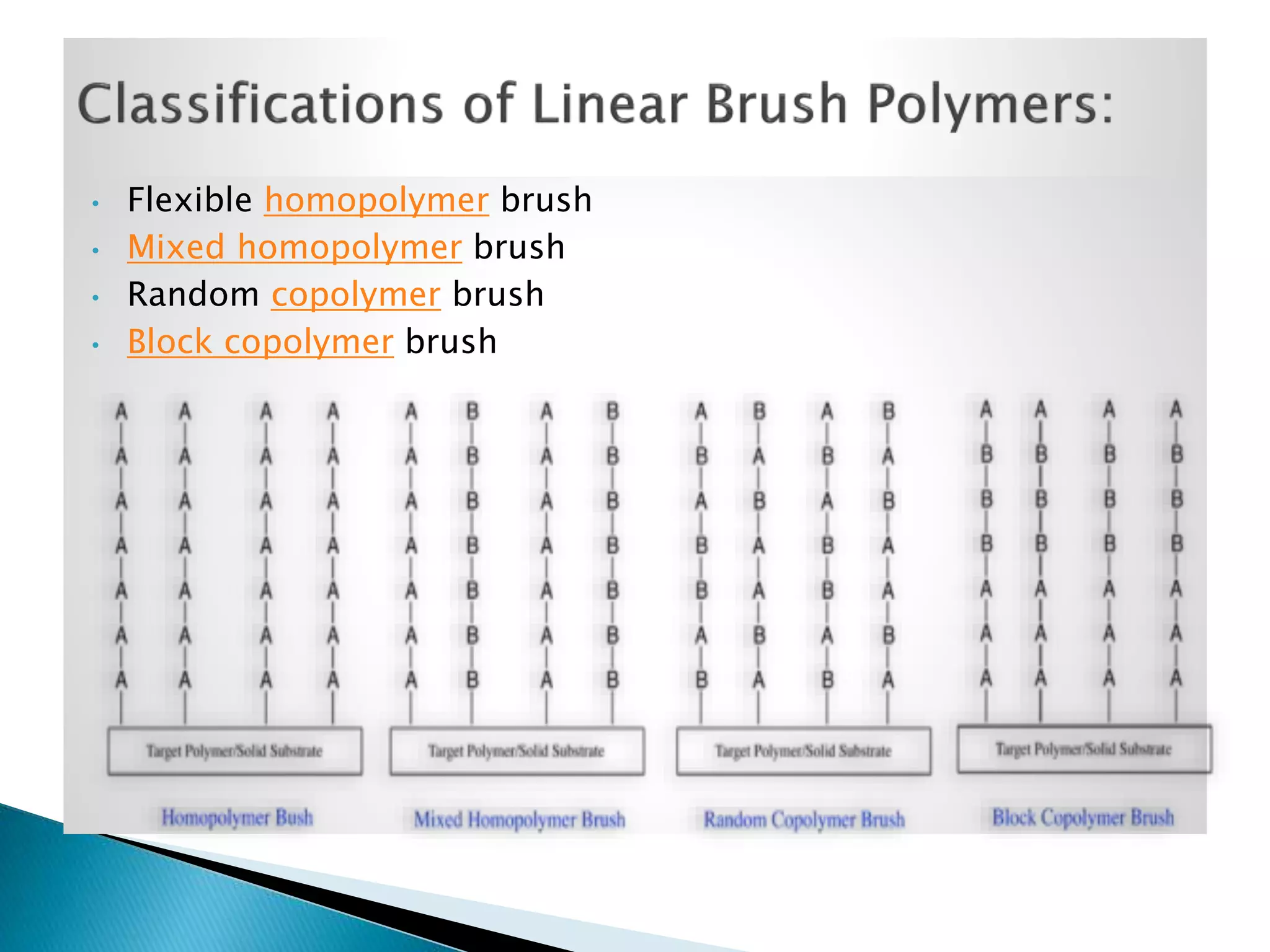 •
•
•
•

Flexible homopolymer brush
Mixed homopolymer brush
Random copolymer brush
Block copolymer brush

 