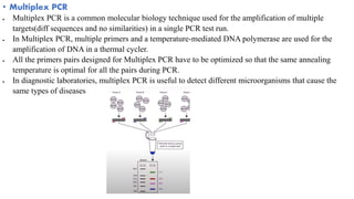 • Multiplex PCR
 Multiplex PCR is a common molecular biology technique used for the amplification of multiple
targets(diff sequences and no similarities) in a single PCR test run.
 In Multiplex PCR, multiple primers and a temperature-mediated DNA polymerase are used for the
amplification of DNA in a thermal cycler.
 All the primers pairs designed for Multiplex PCR have to be optimized so that the same annealing
temperature is optimal for all the pairs during PCR.
 In diagnostic laboratories, multiplex PCR is useful to detect different microorganisms that cause the
same types of diseases
 