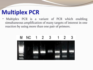 Multiplex PCR
• Multiplex PCR is a variant of PCR which enabling
simultaneous amplification of many targets of interest in one
reaction by using more than one pair of primers.
 