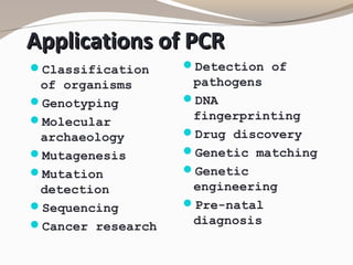 Applications of PCRApplications of PCR
Classification
of organisms
Genotyping
Molecular
archaeology
Mutagenesis
Mutation
detection
Sequencing
Cancer research
Detection of
pathogens
DNA
fingerprinting
Drug discovery
Genetic matching
Genetic
engineering
Pre-natal
diagnosis
 