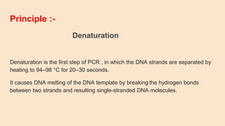 Principle :-
Denaturation
Denaturation is the first step of PCR , in which the DNA strands are separated by
heating to 94–98 °C for 20–30 seconds.
It causes DNA melting of the DNA template by breaking the hydrogen bonds
between two strands and resulting single-stranded DNA molecules.
 