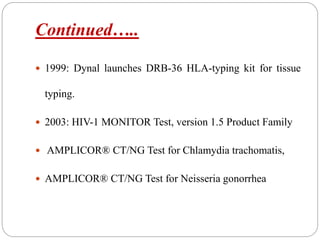 Continued…..
 1999: Dynal launches DRB-36 HLA-typing kit for tissue
typing.
 2003: HIV-1 MONITOR Test, version 1.5 Product Family
 AMPLICOR® CT/NG Test for Chlamydia trachomatis,
 AMPLICOR® CT/NG Test for Neisseria gonorrhea
 