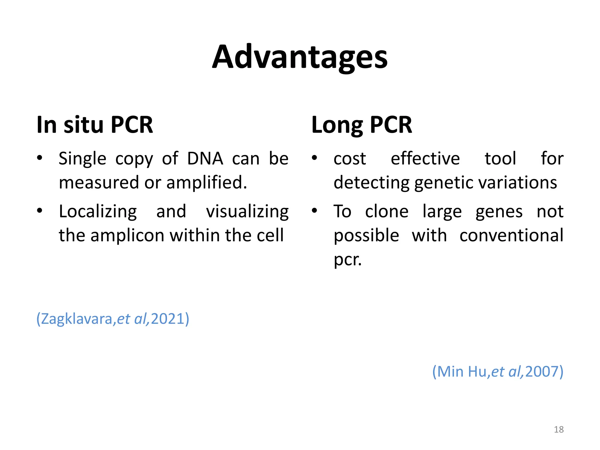 Advantages
In situ PCR
• Single copy of DNA can be
measured or amplified.
• Localizing and visualizing
the amplicon within the cell
(Zagklavara,et al,2021)
Long PCR
• cost effective tool for
detecting genetic variations
• To clone large genes not
possible with conventional
pcr.
(Min Hu,et al,2007)
18
 