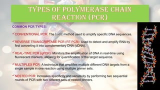 COMMON PCR TYPES:
CONVENTIONAL PCR: The basic method used to amplify specific DNA sequences.
REVERSE TRANSCRIPTASE PCR (RT-PCR): Used to detect and amplify RNA by
first converting it into complementary DNA (cDNA).
REAL-TIME PCR (qPCR): Monitors the amplification of DNA in real-time using
fluorescent markers, allowing for quantification of the target sequence.
MULTIPLEX PCR: A technique that amplifies multiple different DNA targets from a
single sample in one reaction using multiple primer sets.
NESTED PCR: Increases specificity and sensitivity by performing two sequential
rounds of PCR with two different sets of nested primers.
TYPES OF POLYMERASE CHAIN
REACTION (PCR)
 