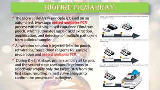 The BioFire FilmArray principle is based on an
automated, two-stage nested multiplex PCR
process within a single, self-contained FilmArray
pouch, which automates nucleic acid extraction,
amplification, and detection of multiple pathogens
from a clinical sample.
A hydration solution is injected into the pouch,
rehydrating freeze-dried reagents for sample
preparation and nested multiplex PCR.
 During the first stage, primers amplify all targets,
and the second stage uses specific primers to
selectively amplify only the target DNA from the
first stage, resulting in melt curve analysis to
confirm the presence of pathogens.
BIOFIRE FILMARRAY
 
