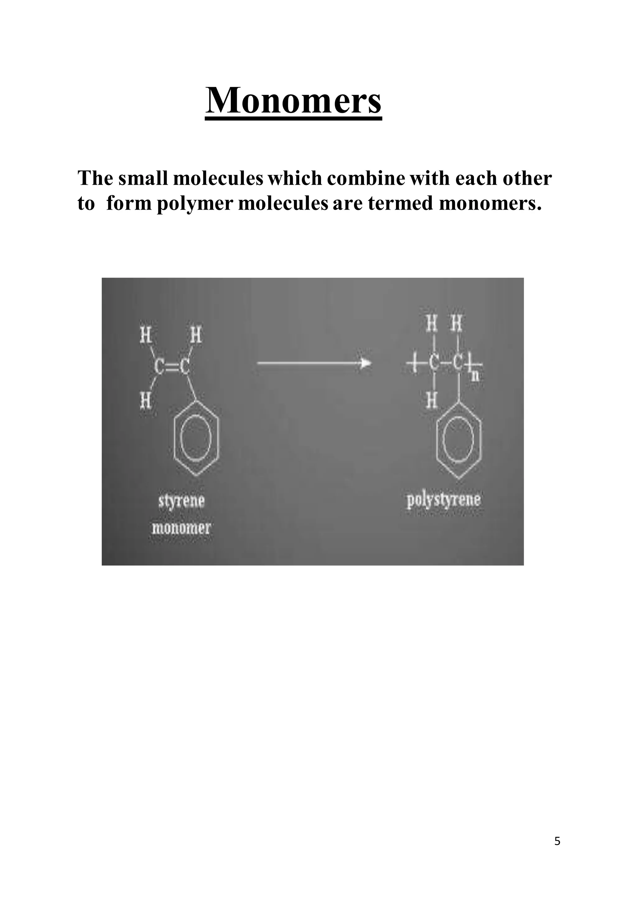 5
Monomers
The small molecules which combine with each other
to form polymer molecules are termed monomers.
 