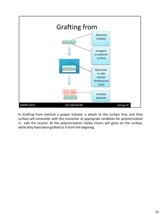 In Grafting from method a proper initiater is attach to the surface first, and then
surface will encounter with the monomer at approprate condition for polymerization
in side the reactor. At the polymerization media chains will grow on the surface,
while they have been grafted to it from the begining.




                                                                                      13
 