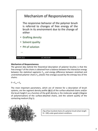 Mechanism of Responsiveness
The general idea behind the theoretical description of polymer brushes is that the
free energy F of the chains is obtained from a balance between the interaction energy
between the statistical segments Fint and energy difference between stretched and
unstretched polymer chains Fel (elastic free energy) caused by the entropy loss of the
chains:

F = Fint + Fel

The most important parameters, which are of interest for a description of brush
systems, are the segment density profile (ϕ(z)) of the surface-attached chains and/or
the brush height h as a function of the graft density σ, the molecular weight (/degree
of polymerization) of the surface-attached chains, and the solvent quality of the
contacting medium (Fig.1).




                                   (Fig.1)Two hundred chains of a polymer brush (chain length
                                   N = 100) under good solvent conditions.




                                                                                                7
 