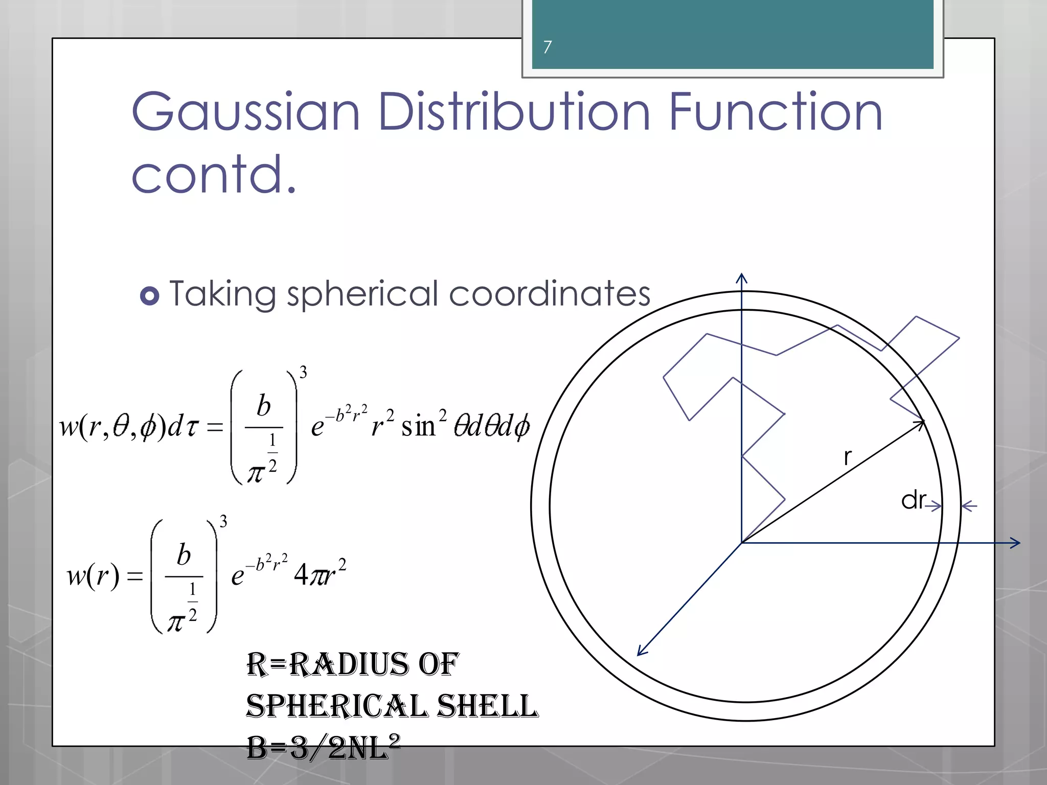 Gaussian Distribution Function
contd.
 Taking spherical coordinates
7
dr
r
ddre
b
drw rb 22
3
2
1
sin),,(
22
2
3
2
1
4)(
22
re
b
rw rb
r=radius of
spherical shell
b=3/2nl2
 