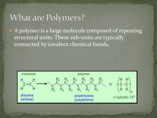  A polymer is a large molecule composed of repeating
structural units. These sub-units are typically
connected by covalent chemical bonds.
 