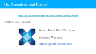 Us, Ourselves and Nuxeo
https://github.com/dmetzler & https://github.com/akervern
Nuxeo | Paris / SF / NYC / Lisbon
60 people ⊃35 devs
Platform Dev + Support
https://github.com/nuxeo
 
