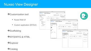 Nuxeo View Designer
➔Customization tool
◆ Nuxeo Web UI
◆ Custom application (BYOUI)
➔Scaffolding
➔WYSIWYG & HTML
➔Explorer
➔Catalog
 