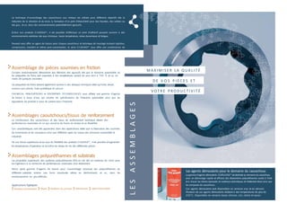Les agents démoulants pour le domaine du caoutchouc
La gamme d’agents démoulants CILRELEASE® est destinée au domaine du caoutchouc
pour un démoulage rapide et efficace des élastomères polyuréthannes coulés à froid
et à chaud, les résines époxydes et matériaux phénoliques de frottement élevé ainsi que
les composés de caoutchouc.
Ces agents démoulants sont disponibles en versions vrac et en aérosol.
Plusieurs de ces agents démoulants résistent à des températures de plus de
250°C. Disponibles en versions bases silicone, cire, résine et savon.
Assemblage de pièces soumises en friction
Certains environnements démontrent des éléments très agressifs tels que le domaine automobile où
les plaquettes de freins sont exposées à des températures variant de sous zéro à 750 °F, et ce, en
moins de quelques secondes.
Les plaquettes de freins doivent également survivre à des attaques chimiques telles qu’huile, diesel,
essence sans plomb, huile synthétique et calcium.
CHEMICAL INNOVATIONS et POLYMÈRES TECHNOLOGIES vous offrent une gamme d’agents
de liaison à base d’eau qui excède les spécifications de l’industrie automobile ainsi que les
équivalents de produits à base de solvant dans l’industrie.
Assemblages caoutchoucs/tissus de renforcement
La combinaison des caoutchoucs et des tissus de renforcement technique atteint des
performances maximales en ce qui concerne les forces en torsion et en flexibilité.
Ces caractéristiques sont très appréciées dans des applications telles que la fabrication des courroies
de transmission et de convoyeurs ainsi que différents types de tuyaux des domaines automobile et
industriel.
Dû aux forces supérieures et du taux de flexibilité des produits CILBOND®, il est possible d’augmenter
les températures d’opération et accroître les temps de vie des différentes pièces.
Assemblages polyuréthannes et substrats
Les propriétés supérieures des systèmes polyuréthannes (PU) en ont fait un matériau de choix pour
les ingénieurs à la recherche de performances maximales d’un élastomère.
Notre vaste gamme d’agents de liaison pour l’assemblage structural des polyuréthannes sur
différents substrats amène une force structurale ultime en déchirement, et ce, dans les
environnements les plus difficiles.
Applications typiques
Rouleaux d’imprimerie Roues Doublure de pompes Membranes Joints d’étanchéité
La technique d’assemblage des caoutchoucs aux métaux est utilisée pour différents objectifs tels la
réduction de la vibration et du bruit, la formation d’un joint d’étanchéité pour des liquides, des solides ou
des gaz, et ce, dans des environnements potentiellement agressifs.
Grâce aux produits CILBOND®, il est possible d’effectuer un joint d’adhésif pouvant survivre à des
environnements extrêmes tels que chimique, haute température, stress dynamique et fatigue.
Pouvant vous offrir un agent de liaison pour chaque caoutchouc et technique de moulage incluant injection,
compression, transfert et même post-vulcanisation, la série CILBOND® vous offre une combinaison de
performance et de polyvalence pour l’assemblage de vos caoutchoucs sur tous types de métaux.
LESASSEMBLAGES
VOT R E P RO D U C T I V I T É
D E V O S P I È C E S ET
M AXI M I SE R LA Q UA L I T É
 