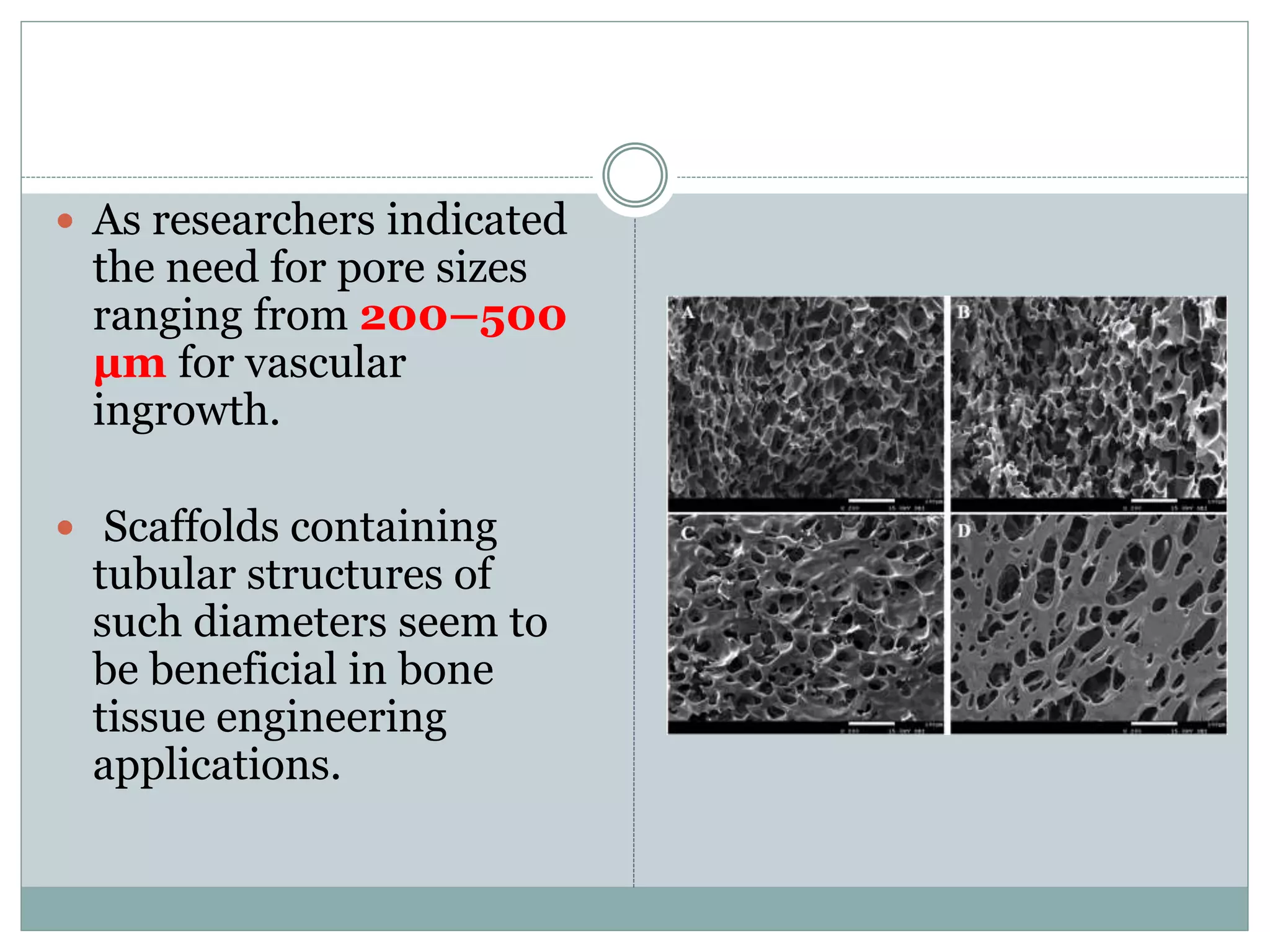  As researchers indicated
the need for pore sizes
ranging from 200–500
μm for vascular
ingrowth.
 Scaffolds containing
tubular structures of
such diameters seem to
be beneficial in bone
tissue engineering
applications.
 