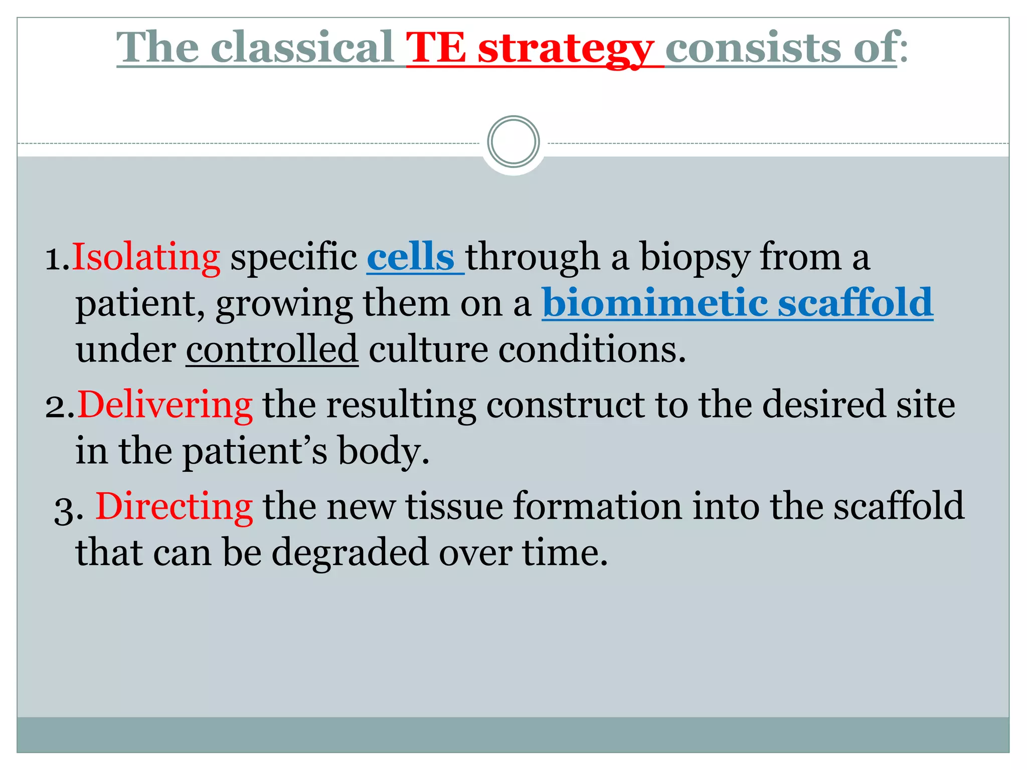 The classical TE strategy consists of:
1.Isolating specific cells through a biopsy from a
patient, growing them on a biomimetic scaffold
under controlled culture conditions.
2.Delivering the resulting construct to the desired site
in the patient’s body.
3. Directing the new tissue formation into the scaffold
that can be degraded over time.
 
