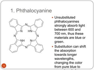 1. Phthalocyanine
 Unsubstituted
phthalocyanines
strongly absorb light
between 600 and
700 nm, thus these
materials are blue or
green.
 Substitution can shift
the absorption
towards longer
wavelengths,
changing the color
from pure blue to12
 