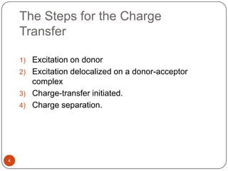 The Steps for the Charge
Transfer
1) Excitation on donor
2) Excitation delocalized on a donor-acceptor
complex
3) Charge-transfer initiated.
4) Charge separation.
4
 