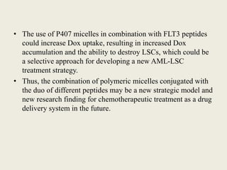 • The use of P407 micelles in combination with FLT3 peptides
could increase Dox uptake, resulting in increased Dox
accumulation and the ability to destroy LSCs, which could be
a selective approach for developing a new AML-LSC
treatment strategy.
• Thus, the combination of polymeric micelles conjugated with
the duo of different peptides may be a new strategic model and
new research finding for chemotherapeutic treatment as a drug
delivery system in the future.
 