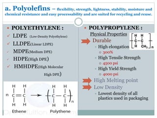 a. Polyolefins – flexibility, strength, lightness, stability, moisture and
chemical resistance and easy processability and are suited for recycling and reuse.
 POLYETHYLENE :
 LDPE (Low-Density Polyethylene)
 LLDPE(Linear LDPE)
 MDPE(Medium DPE)
 HDPE(High DPE)
 HMHDPE(High Molecular
High DPE)
 POLYPROPYLENE :
Physical Properties
Durable
 High elongation
 300%
 High Tensile Strength
 4500 psi
 High Yield Strength
 4000 psi
High Melting point
Low Density
 Lowest density of all
plastics used in packaging
 