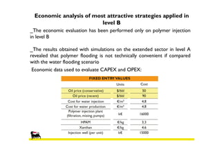 Economic analysis of most attractive strategies applied in
level B
_The economic evaluation has been performed only on polymer injection
in level B
_The results obtained with simulations on the extended sector in level A
revealed that polymer flooding is not technically convenient if compared
with the water flooding scenario
Economic data used to evaluate CAPEX and OPEX:

 
