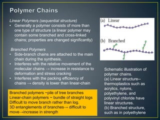 Linear Polymers (sequential structure)
• Generally a polymer consists of more than
one type of structure (a linear polymer may
contain some branched and cross-linked
chains; properties are changed significantly)
Branched Polymers
• Side-branch chains are attached to the main
chain during the synthesis.
• Interferes with the relative movement of the
molecular chains → increase in resistance to
deformation and stress cracking
• Interferes with the packing efficiency of
chains → density is lower than linear-chain
Branched polymers ~pile of tree branches
Linear-chain polymers ~ bundle of straight logs
Difficult to move branch rather than log.
3D entanglements of branches→ difficult to
move→increase in strength
Schematic illustration of
polymer chains.
(a) Linear structure--
thermoplastics such as
acrylics, nylons,
polyethylene, and
polyvinyl chloride have
linear structures.
(b) Branched structure,
such as in polyethylene
 