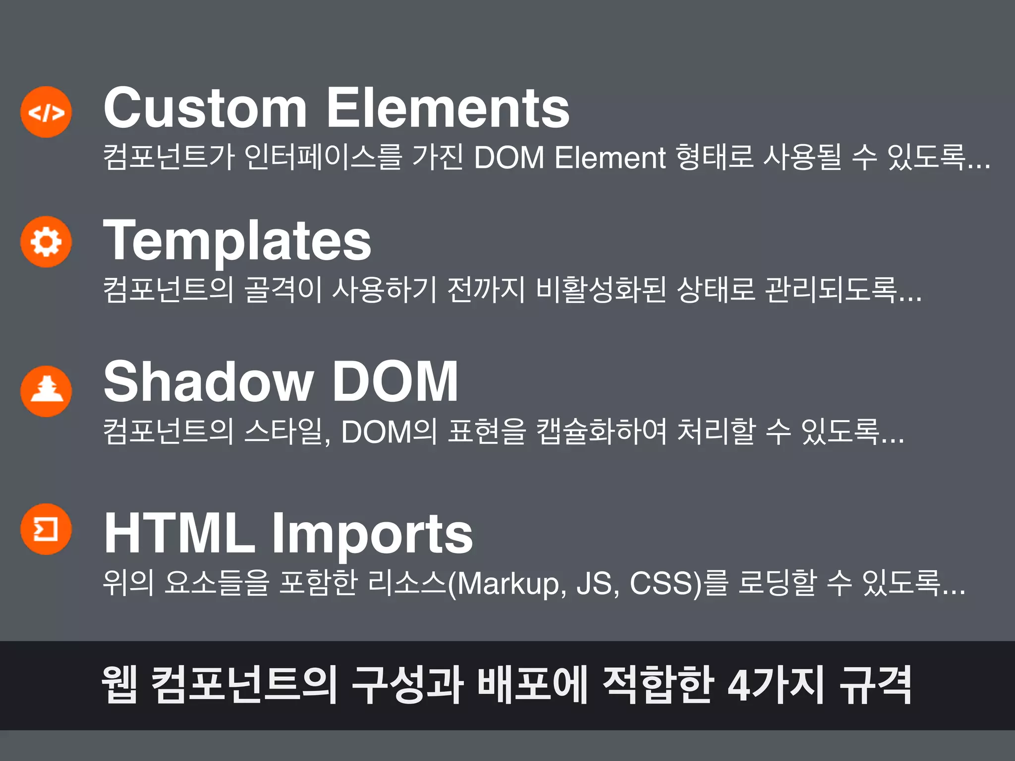 Custom Elements
컴포넌트가 인터페이스를 가진 DOM Element 형태로 사용될 수 있도록...
Templates
컴포넌트의 골격이 사용하기 전까지 비활성화된 상태로 관리되도록...
Shadow DOM
컴포넌트의 스타일, DOM의 표현을 캡슐화하여 처리할 수 있도록...
HTML Imports
위의 요소들을 포함한 리소스(Markup, JS, CSS)를 로딩할 수 있도록...
웹 컴포넌트의 구성과 배포에 적합한 4가지 규격
 