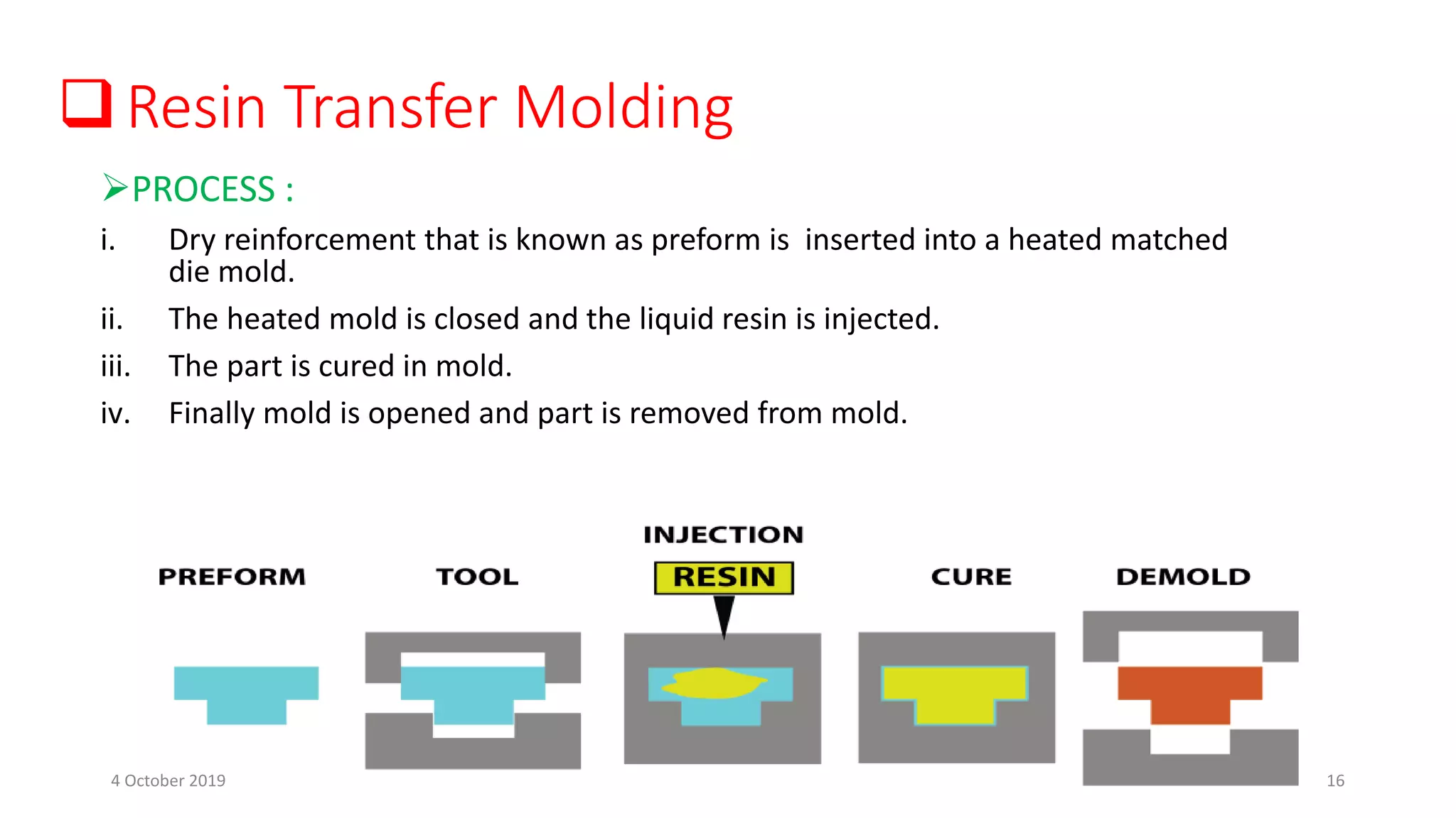 Resin Transfer Molding
PROCESS :
i. Dry reinforcement that is known as preform is inserted into a heated matched
die mold.
ii. The heated mold is closed and the liquid resin is injected.
iii. The part is cured in mold.
iv. Finally mold is opened and part is removed from mold.
4 October 2019 16
 