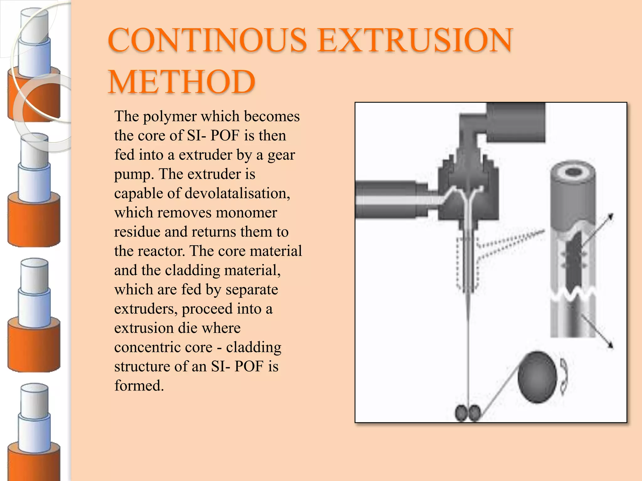 CONTINOUS EXTRUSION
METHOD
The polymer which becomes
the core of SI- POF is then
fed into a extruder by a gear
pump. The extruder is
capable of devolatalisation,
which removes monomer
residue and returns them to
the reactor. The core material
and the cladding material,
which are fed by separate
extruders, proceed into a
extrusion die where
concentric core - cladding
structure of an SI- POF is
formed.
 