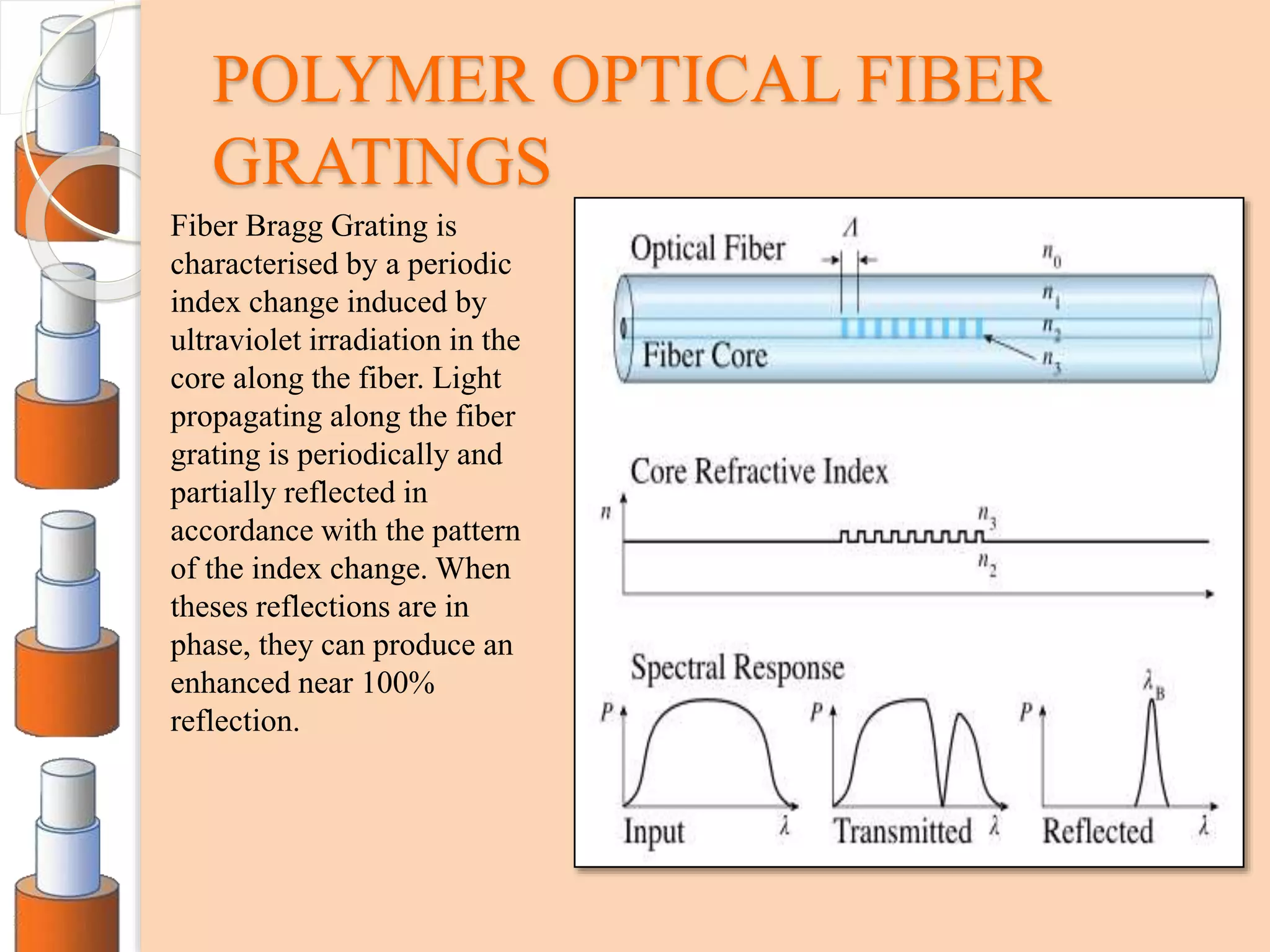 POLYMER OPTICAL FIBER
GRATINGS
Fiber Bragg Grating is
characterised by a periodic
index change induced by
ultraviolet irradiation in the
core along the fiber. Light
propagating along the fiber
grating is periodically and
partially reflected in
accordance with the pattern
of the index change. When
theses reflections are in
phase, they can produce an
enhanced near 100%
reflection.
 