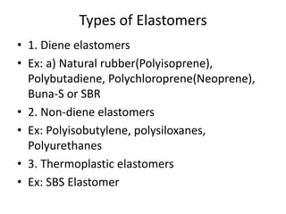 Types of Elastomers
• 1. Diene elastomers
• Ex: a) Natural rubber(Polyisoprene),
Polybutadiene, Polychloroprene(Neoprene),
Buna-S or SBR
• 2. Non-diene elastomers
• Ex: Polyisobutylene, polysiloxanes,
Polyurethanes
• 3. Thermoplastic elastomers
• Ex: SBS Elastomer
 