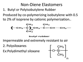 Non-Diene Elastomers
1. Butyl or Polyisobutylene Rubber
Produced by co-polymerizing isobutylene with 0.5
to 2% of isoprene by cationic polymerization..
Impermeable and extremely resistant to air
2. Polysiloxanes
Ex:Polydimethyl siloxane
 