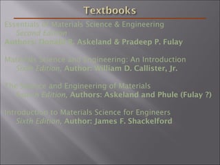 Essentials of Materials Science & Engineering
Second Edition
Authors: Donald R. Askeland & Pradeep P. Fulay
Materials Science and Engineering: An Introduction
Sixth Edition, Author: William D. Callister, Jr.
The Science and Engineering of Materials
Fourth Edition, Authors: Askeland and Phule (Fulay ?)
Introduction to Materials Science for Engineers
Sixth Edition, Author: James F. Shackelford
 